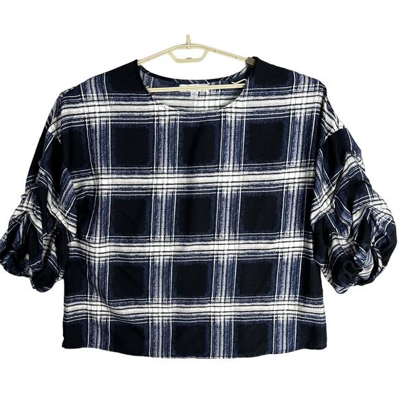 Maggie & Max Tops - Maggie Max Boxy Top Plus 1X Blue Gray White Plaid Academia Preppy 90s Grunge